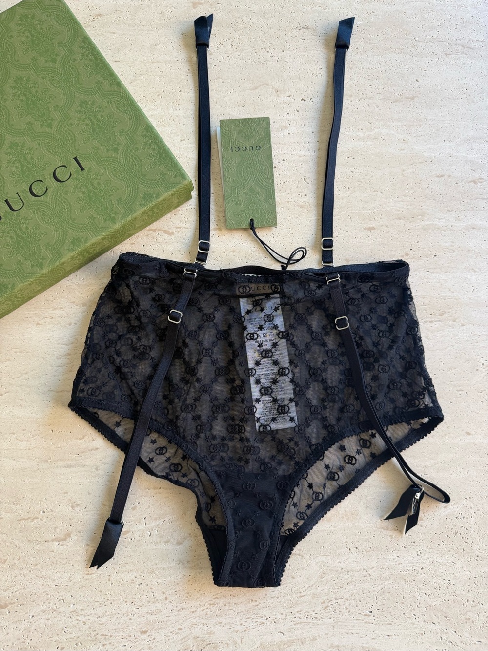 NWT GUCCI  Black GG Star Tulle Garter Panties Size/ XS - Picture 4 of 16